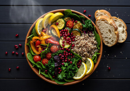 A fresh and healthy quinoa salad with roasted vegetables, kale, and pomegranate on a dark wooden tableの素材