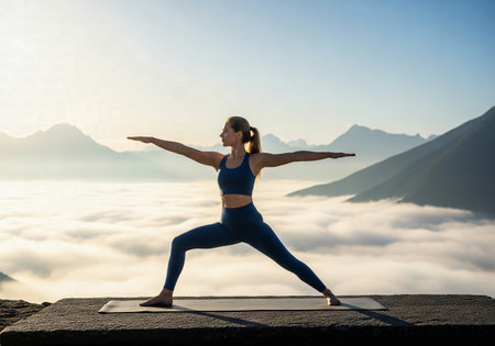 Woman practicing warrior two yoga pose on a mountain summit above a sea of clouds at sunriseの素材