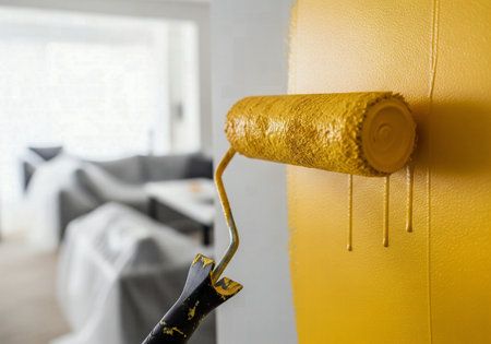 Close-up of a paint roller applying a fresh coat of bright yellow paint to a white wall in a living roomの素材