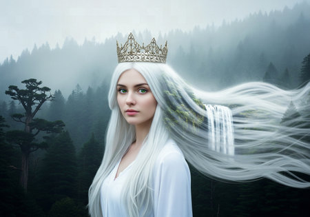 Magical portrait of a fantasy goddess with a crown and her hair transforming into a waterfallの素材