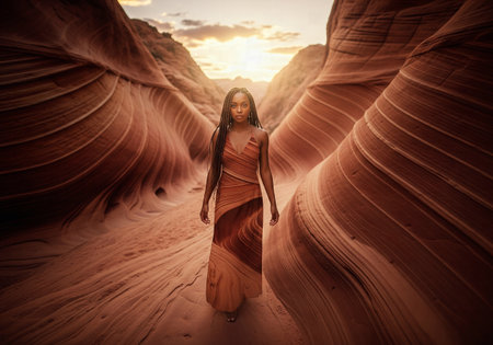 Fashion portrait of a woman in a flowing dress in the middle of a stunning slot canyonの素材