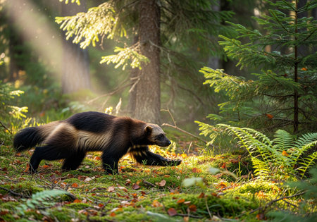 A rare wolverine walking through a sunlit clearing in a lush green forestの素材