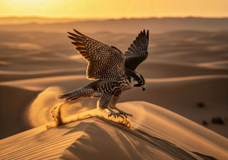 A powerful falcon captured in a moment of landing on a sand dune, kicking up a dramatic cloud of sand during golden hourの素材