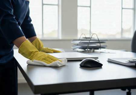 A cleaner wearing yellow gloves wipes a modern office desk with a microfiber clothの素材