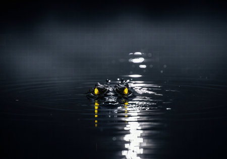 A powerful crocodile with glowing yellow eyes lurking just below the surface of dark, murky water at nightの素材