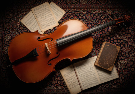 A vintage cello with old sheet music and a book lying on an ornate Persian rugの素材