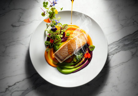 Elegant fine dining dish of pan-seared fish fillet with colorful vegetable purees and garnish with a sauce being poured over itの素材