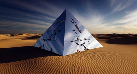 A surreal image of a shattered, mirrored pyramid reflecting the sky in a vast desertの素材