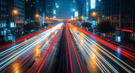 Long exposure of a busy city highway at night showing vibrant red and white light trailsの素材