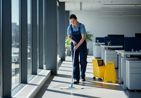 A female janitor in uniform mopping the floor of a modern, sunlit officeの素材