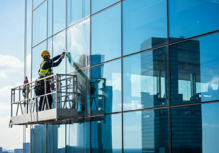 A window washer on a suspended platform cleaning the glass facade of a modern skyscraperの素材
