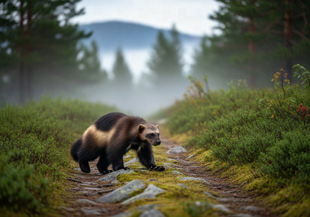 A wolverine walking on a path through a misty and atmospheric northern forestの素材