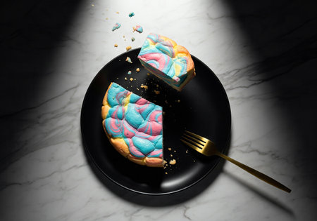 Slice of a vibrant, colorful rainbow cheesecake or cake with crumbs falling, served on a black plate with a gold forkの素材