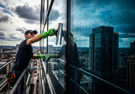 A professional window washer with a squeegee cleaning a skyscraper against a dramatic cloudy skyの素材