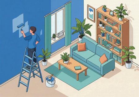 An isometric illustration of a man on a ladder painting a wall in his living roomの素材