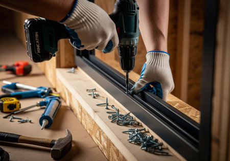 A close-up of a construction worker's hands using a cordless drill to assemble a metal frameの素材
