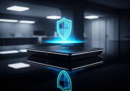 A sleek device on a table with a glowing holographic shield icon symbolizing digital securityの素材