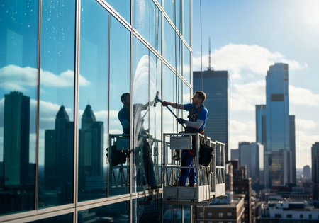 A window washer cleaning the glass facade of a modern skyscraper with the city reflected in the glassの素材