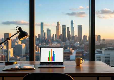 A laptop showing a business bar chart on a desk overlooking a city skyline at sunsetの素材