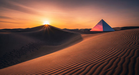 A surreal desert landscape with a large white pyramid among sand dunes at sunsetの素材