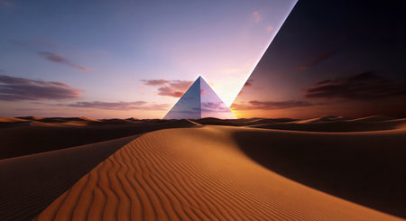 A surreal desert landscape with a pyramid transitioning between day and night at sunsetの素材