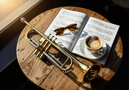 A trumpet and sheet music on a wooden table with a steaming cappuccino in the morning sunの素材