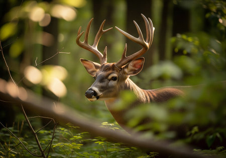 A close-up portrait of a powerful white-tailed buck with large antlers, partially hidden by foliage in a forest settingの素材