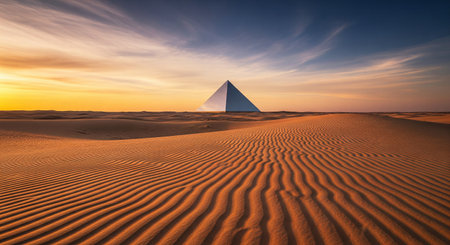 A surreal desert landscape with a large white pyramid among sand dunes at sunsetの素材
