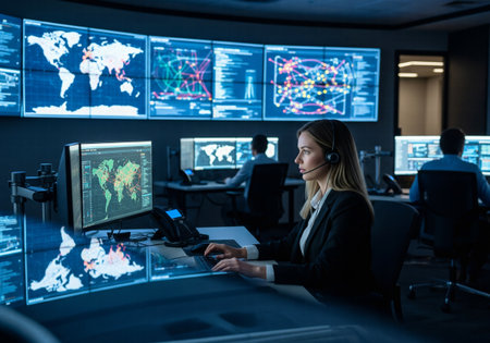 A female analyst working in a high-tech security control room with large digital screensの素材