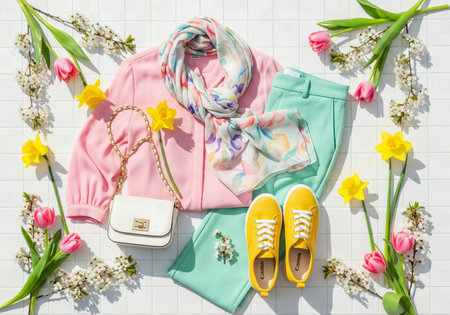 A flat lay of a colorful spring outfit for women with fresh flowers on a white backgroundの素材