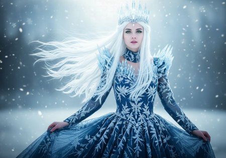A beautiful fantasy Ice Queen with long white hair and an ornate gown in a winter landscapeの素材