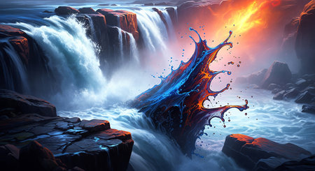 A fantasy illustration of a powerful waterfall with a magical splash of fire and waterの素材
