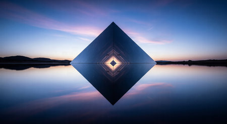 A surreal, minimalist pyramid with a central glowing opening, perfectly reflected in a calm lake at duskの素材