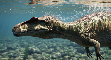 A realistic illustration of a large carnivorous dinosaur swimming just below the water's surfaceの素材