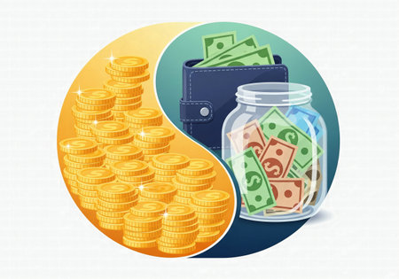 A yin-yang illustration showing the balance between saving money in a jar and spending cash from a walletの素材