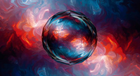 An abstract painting of a crystal sphere on a fiery and chaotic backgroundの素材
