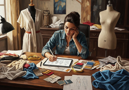 A female fashion designer sketching new clothing designs on a tablet in her creative studioの素材