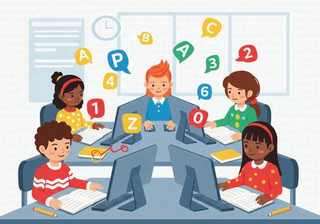 A diverse group of young children learning with computers in a modern classroomの素材