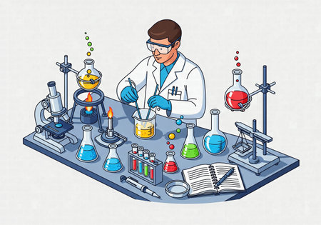 An isometric illustration of a scientist working at a fully equipped chemistry lab benchの素材