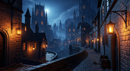 An atmospheric illustration of a cobblestone street in a dark, gothic city at nightの素材
