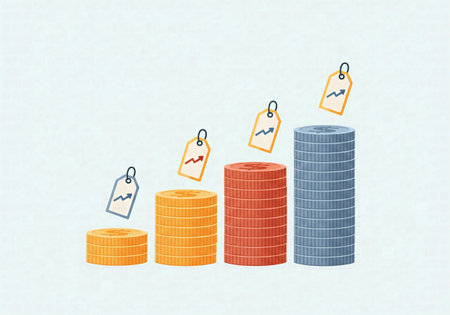 An illustration of a rising bar chart of coins with price tags, representing inflation and price growthの素材