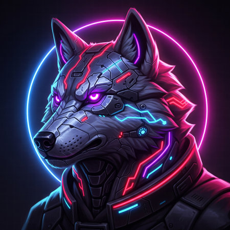 A profile portrait of a cybernetic wolf with glowing purple eyes and neon lightsの素材