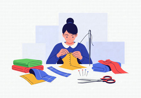 An illustration of a woman sewing by hand, surrounded by fabric and tailoring suppliesの素材