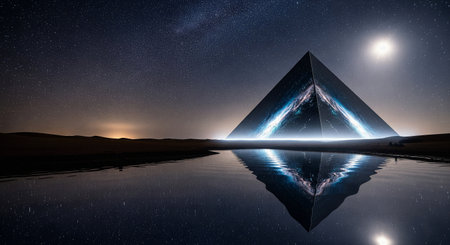 A futuristic pyramid reflecting a galaxy sits by a lake under a starry night skyの素材