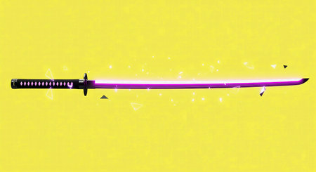 A minimalist illustration of a katana with a glowing pink blade and magical particlesの素材
