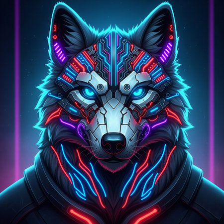An intricately cybernetic wolf with a detailed circuit board faceplate and glowing neon lightsの素材