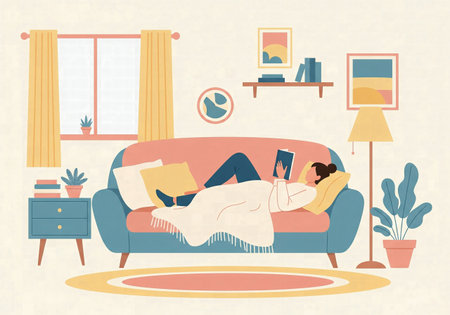 A flat, stylized illustration of a person relaxing on a cozy couch, reading a book at homeの素材