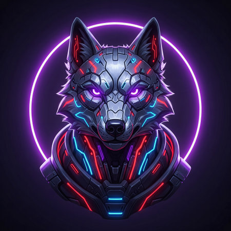 A highly detailed armored wolf head with glowing purple eyes and a neon haloの素材