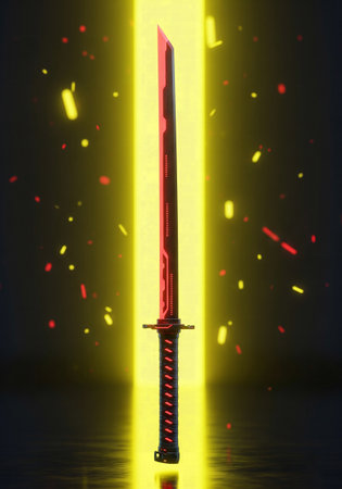 A futuristic cyberpunk katana with a glowing red blade standing in a dark room with sparksの素材