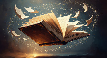 A painterly illustration of a magical, open book floating in a starry sky with pages flying awayの素材